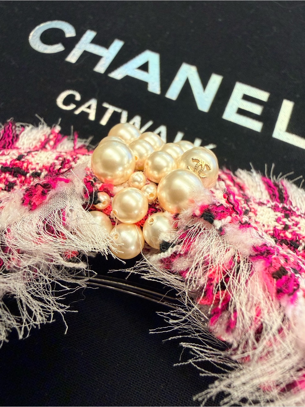 CHANEL Pink Tweed Bow Hair Clip with Clustered Pearls